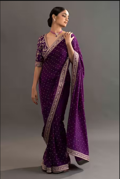 Purple Crepe Embroidered Floral V Neck Shreya Saree With Blouse For Women