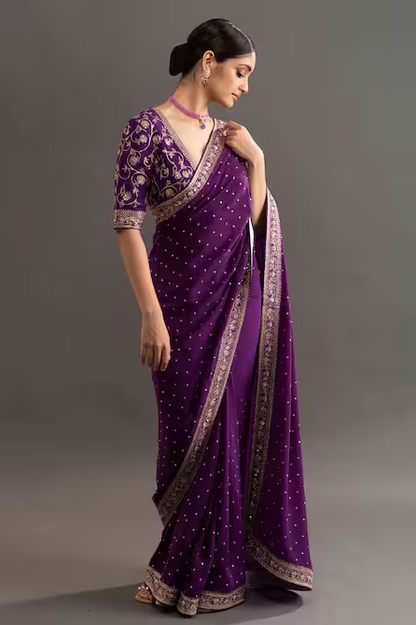 Purple Crepe Embroidered Floral V Neck Shreya Saree With Blouse For Women