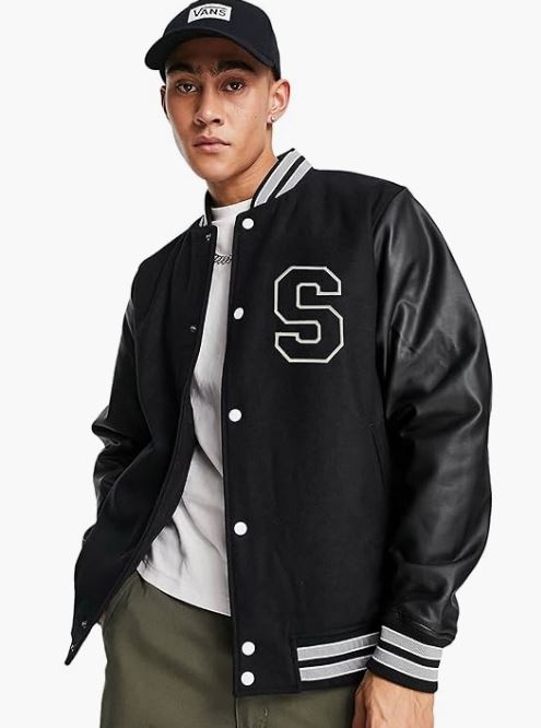 BE SAVAGE Letterman Varsity Jacket with Faux Leather Sleeves