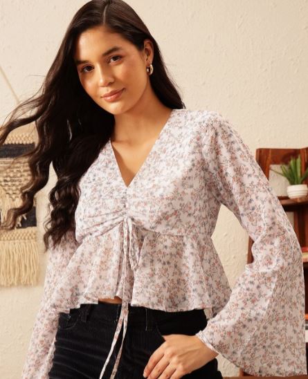 V Neck Front Knot Floral Print Flare Long Sleeve Top