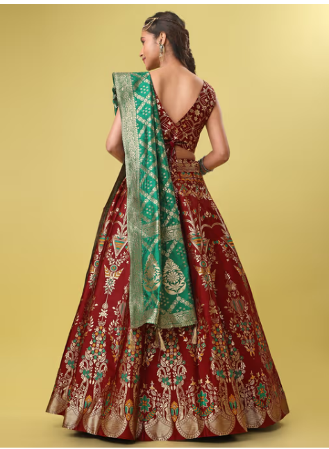 Jacquard Woven Design Stitched Lehenga & Unstitched Blouse with Dupatta - Maroon