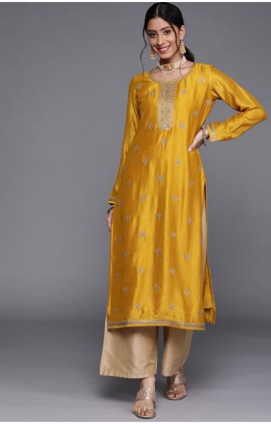 Women Yellow Embellished Silk Kurta