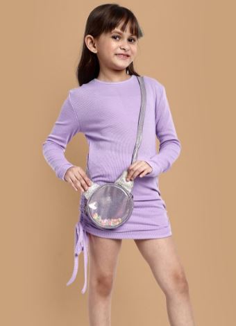 Thoillling Girls Ribbed A-Line Dress with Full Sleeves For Girls