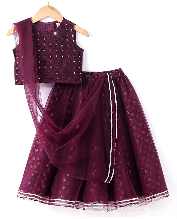 Woven Sleeveless Embroidered Choli With Brocade Lehenga and Dupatta Set - Wine