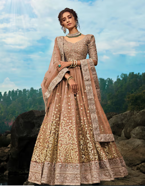 Brown Sequins Soft Net Semi Stitched Lehenga with Unstitched Blouse