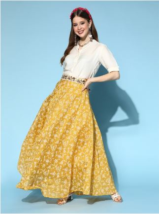 InWeave Women Beautiful Off-White Solid Shirt with Printed Skirt