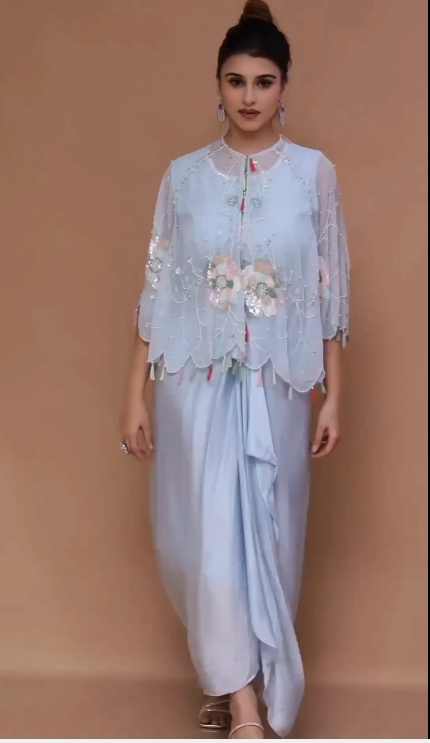 Silk Organza Kurta Embroidered Short And Palazzo Set For Women