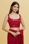 Red Georgette Embroidery Floral Scoop Neck Jaal Saree With Blouse For Women