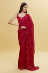 Red Georgette Embroidery Floral Scoop Neck Jaal Saree With Blouse For Women