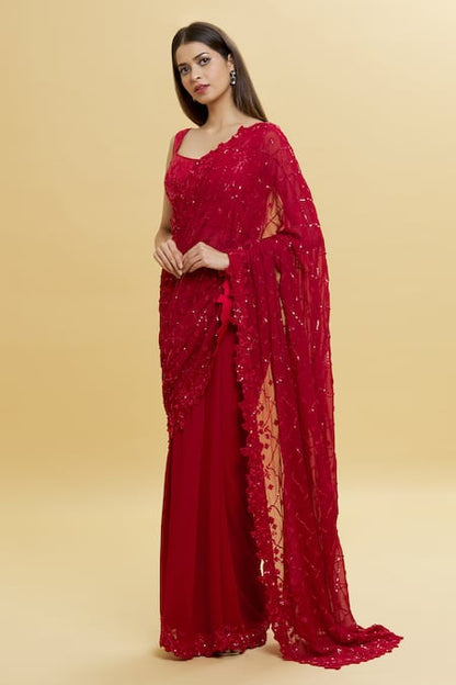 Red Georgette Embroidery Floral Scoop Neck Jaal Saree With Blouse For Women