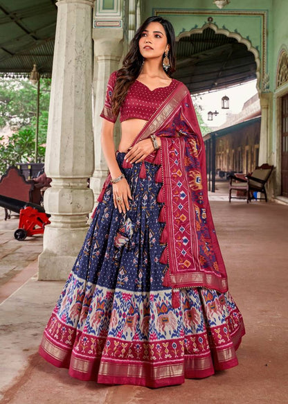 WOMEN'S TUSSAR SILK WITH PATOLA PRINT AND FOIL WORK LEHENGA CHOLI SET