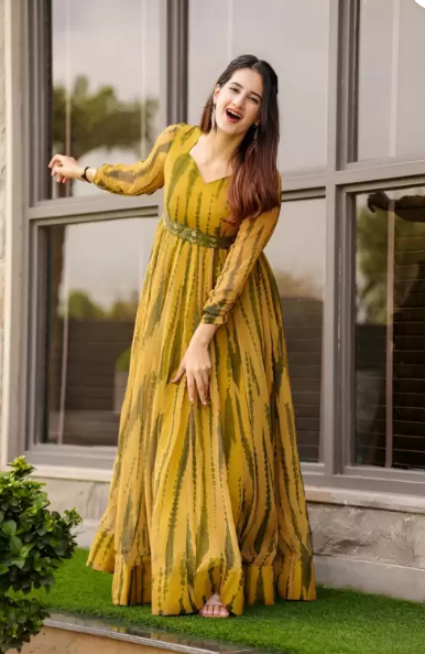 Women Gown Yellow, Dark Green Dress