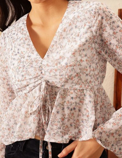 V Neck Front Knot Floral Print Flare Long Sleeve Top