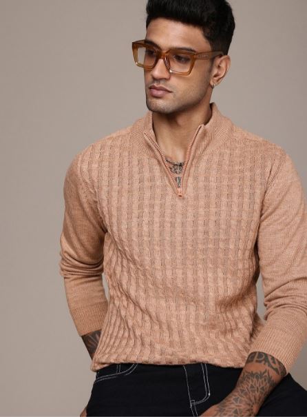 DENIMHOLIC Men High Neck Zipper Full Sleeve Cotton Knitted Winter Sweater