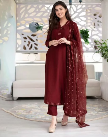 ZEEPKART V Neck Straight Kurta with Salwar & Dupatta