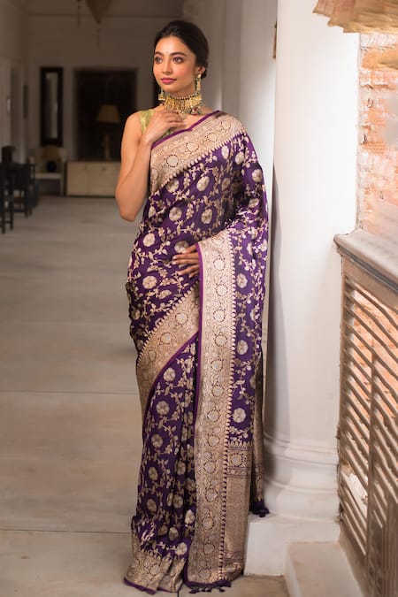 Purple Katan Silk Handwoven Floral Jaal Paithani Banarasi Saree For Women