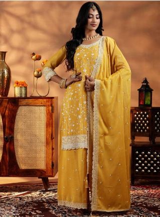 Mustard Embroidered Silk Blend Pakistani Suit