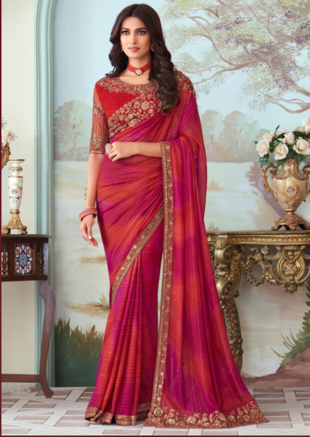 Red And Pink Designer Embroidered Saree