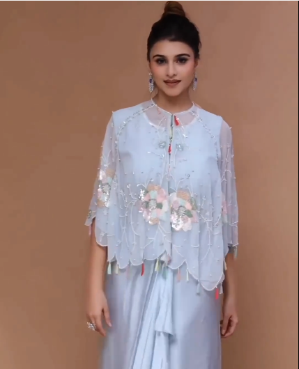 Silk Organza Kurta Embroidered Short And Palazzo Set For Women