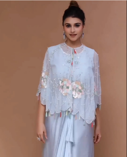 Silk Organza Kurta Embroidered Short And Palazzo Set For Women