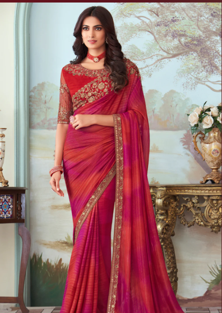 Red And Pink Designer Embroidered Saree