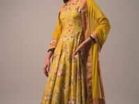 Yellow Floral Printed Anarkali Suit Set In Silk