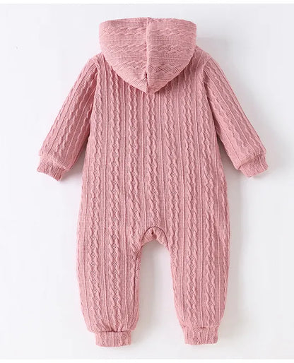 Full Sleeves Hooded Romper with Cable Knit Design Solid Colour - Pink