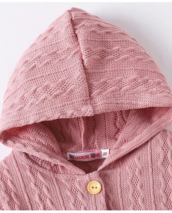 Full Sleeves Hooded Romper with Cable Knit Design Solid Colour - Pink