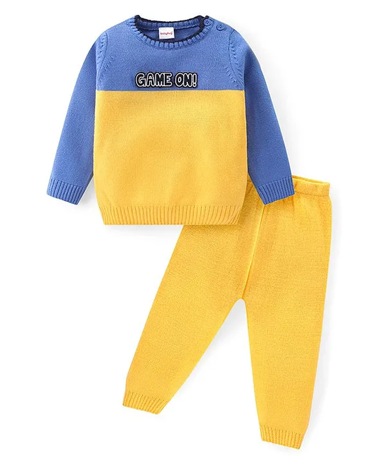 Knitted Full Sleeves Sweater Set with Cable Knit Design - Blue & Yellow - Acrylic - Girls & Boys - for Newborn, Infant