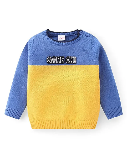 Knitted Full Sleeves Sweater Set with Cable Knit Design - Blue & Yellow - Acrylic - Girls & Boys - for Newborn, Infant