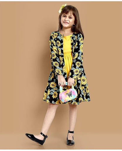 Full Sleeves Sunflower Printed Shrug With Solid Dress - Yellow