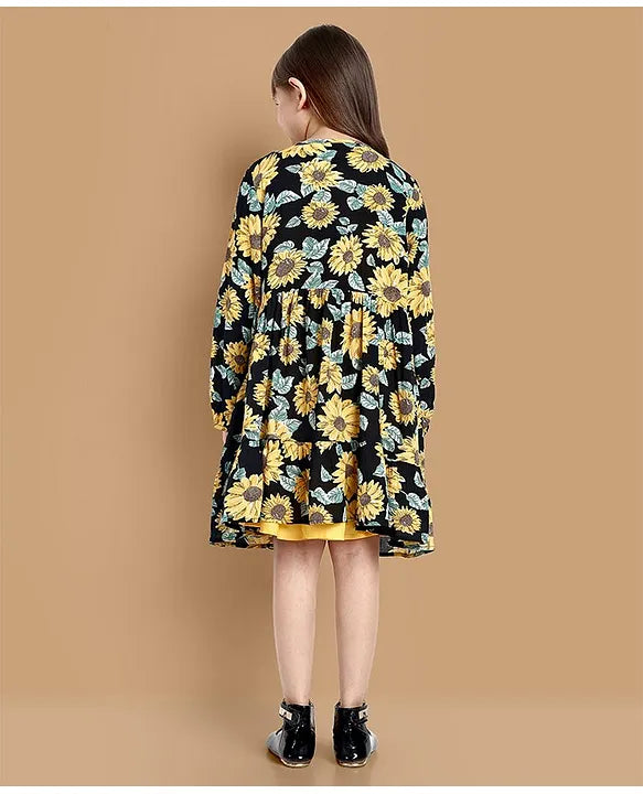 Full Sleeves Sunflower Printed Shrug With Solid Dress - Yellow