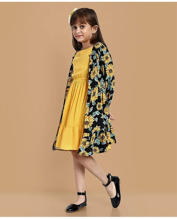 Full Sleeves Sunflower Printed Shrug With Solid Dress - Yellow