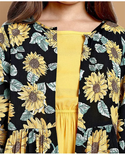 Full Sleeves Sunflower Printed Shrug With Solid Dress - Yellow