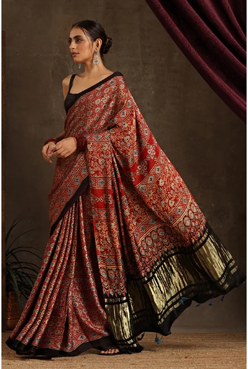 Traditional Ajrakh Hand Block Printed & Natural Dyed Tissue Pallu Modal Saree With Tassels