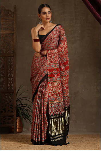 Traditional Ajrakh Hand Block Printed & Natural Dyed Tissue Pallu Modal Saree With Tassels