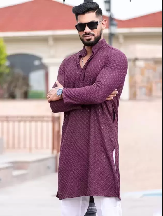 CRYTSAL REVENUE  Men Embroidered Cotton Rayon Straight Kurta  (Purple)