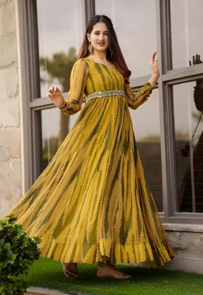 MAMADEV  Women Gown Yellow, Dark Green Dress