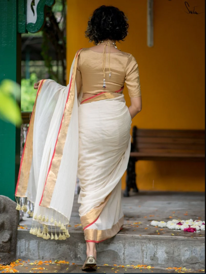 Off White Mulmul Cotton Saree With Zari Border