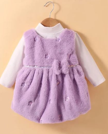 Girls toddler Little Kangaroos Fur Woven Frock With Sequins Detail & Full Sleeves Inner Tee