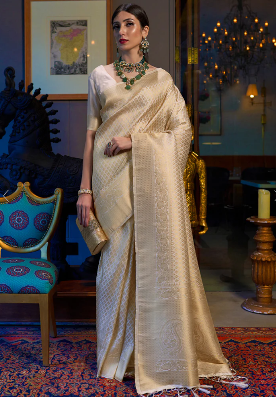 Royal Princess Golden White Woven Kanjivaram Saree