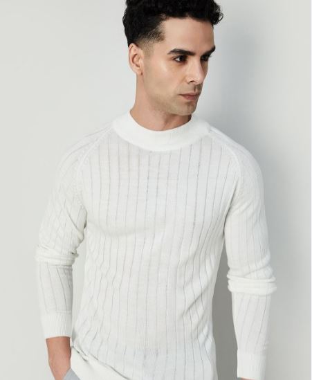 Sania Solid High Neck Casual Men White Sweater