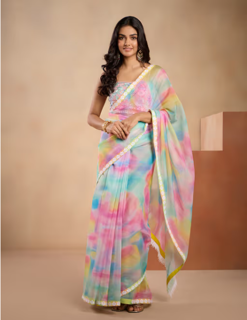 Lavendare Multi-Color Printed Butterfly Embroidered Saree