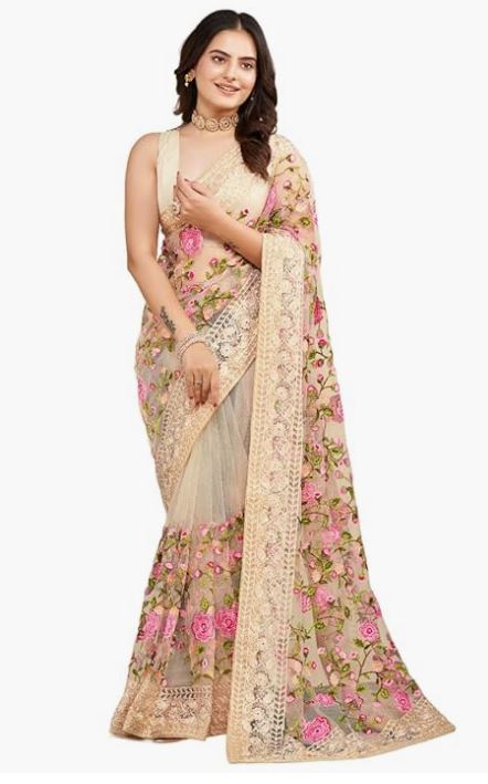 VAIRAGEE Women's Soft Net Lastest Embroidery Work Floral Pattern Stylish Saree With Unstitched Blouse Piece