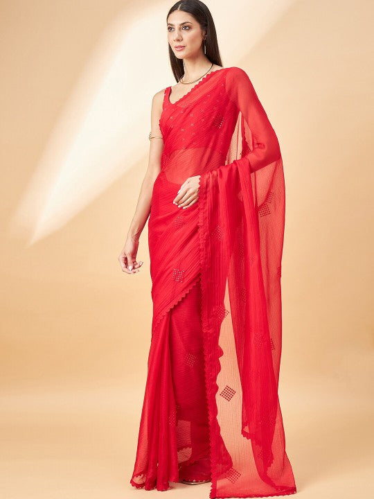 Red Geometric Embroidered Pure Chiffon Saree