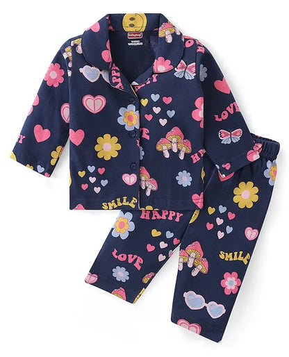 Cotton Knit Full Sleeves ollar Neck Front Open Night Suit with Floral & Hearts Print - Navy Blue