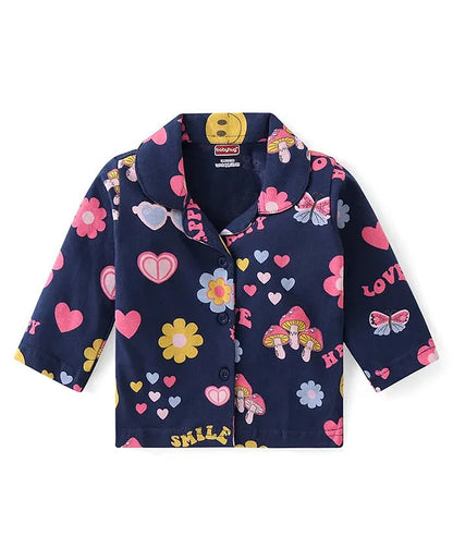 Cotton Knit Full Sleeves ollar Neck Front Open Night Suit with Floral & Hearts Print - Navy Blue