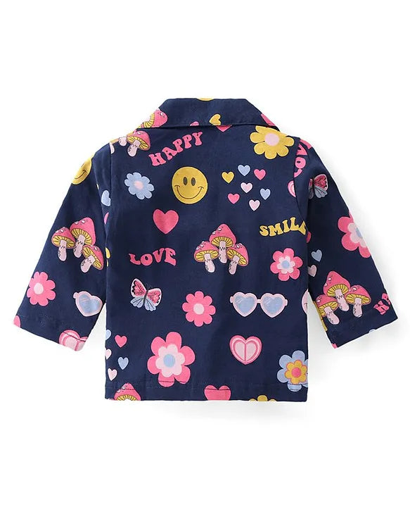 Cotton Knit Full Sleeves ollar Neck Front Open Night Suit with Floral & Hearts Print - Navy Blue