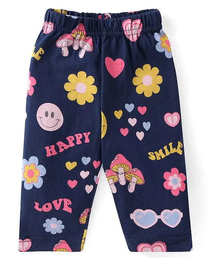 Cotton Knit Full Sleeves ollar Neck Front Open Night Suit with Floral & Hearts Print - Navy Blue