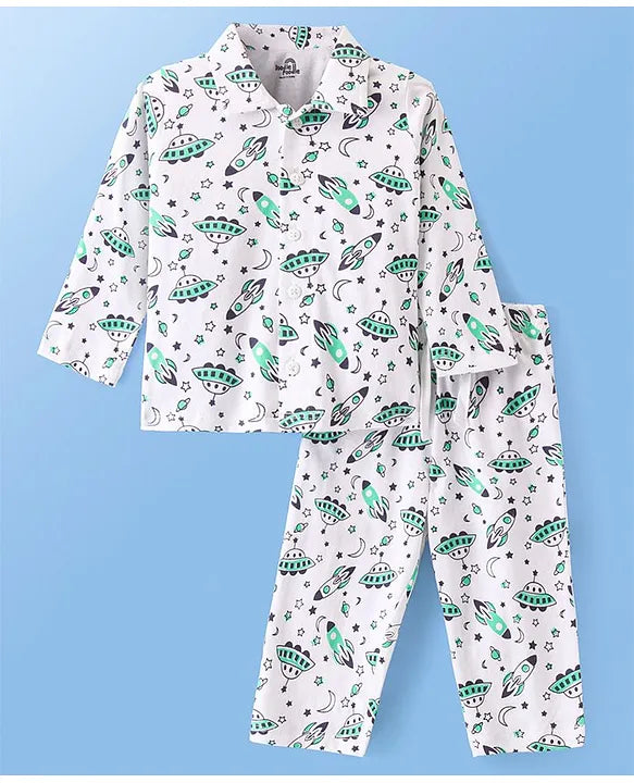 Full Sleeves Front Open Night Suit With Space Rockets Print - White